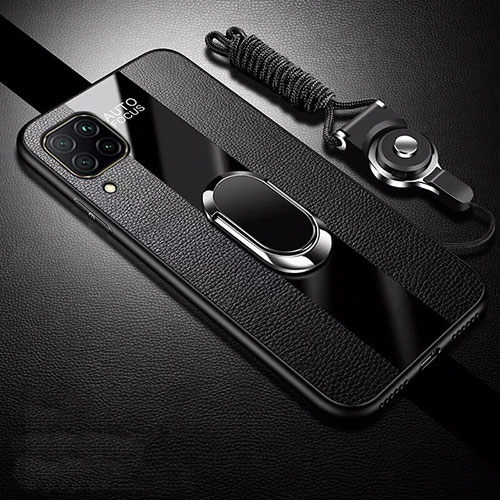 Soft Silicone Gel Leather Snap On Case Cover with Magnetic Finger Ring Stand T02 for Huawei Nova 6 SE Black