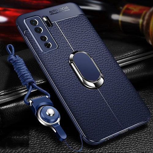 Soft Silicone Gel Leather Snap On Case Cover with Magnetic Finger Ring Stand T02 for Huawei Nova 7 SE 5G Blue