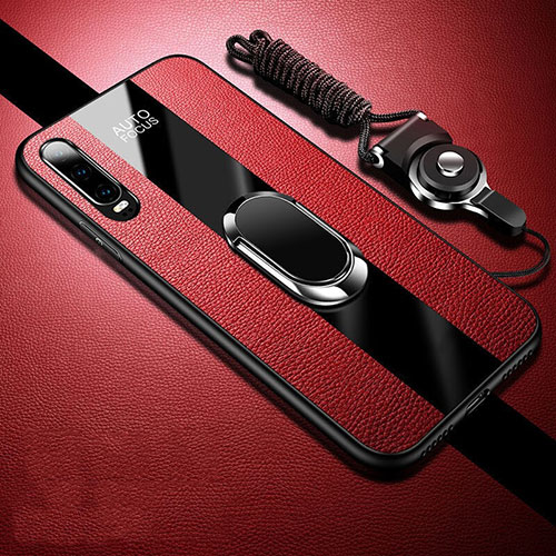 Soft Silicone Gel Leather Snap On Case Cover with Magnetic Finger Ring Stand T02 for Huawei P30 Red