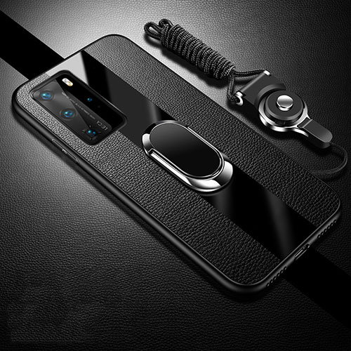 Soft Silicone Gel Leather Snap On Case Cover with Magnetic Finger Ring Stand T02 for Huawei P40 Pro Black