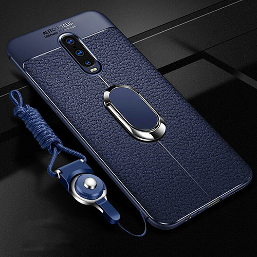 Soft Silicone Gel Leather Snap On Case Cover with Magnetic Finger Ring Stand T02 for Oppo R17 Pro Blue