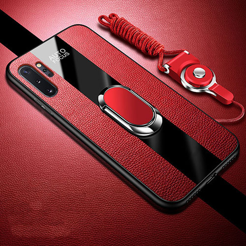 Soft Silicone Gel Leather Snap On Case Cover with Magnetic Finger Ring Stand T02 for Samsung Galaxy Note 10 Plus Red