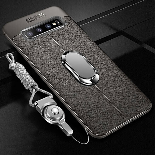 Soft Silicone Gel Leather Snap On Case Cover with Magnetic Finger Ring Stand T02 for Samsung Galaxy S10 Gray