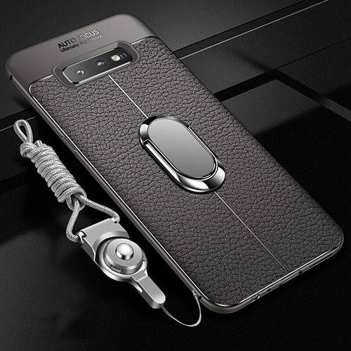 Soft Silicone Gel Leather Snap On Case Cover with Magnetic Finger Ring Stand T02 for Samsung Galaxy S10 Plus Gray