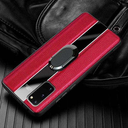 Soft Silicone Gel Leather Snap On Case Cover with Magnetic Finger Ring Stand T02 for Samsung Galaxy S20 5G Red