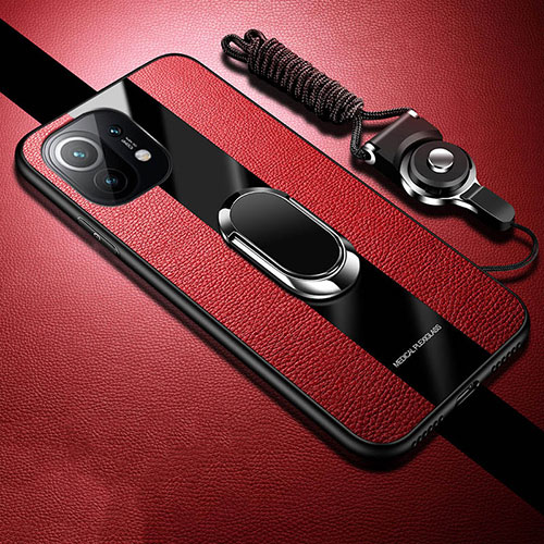 Soft Silicone Gel Leather Snap On Case Cover with Magnetic Finger Ring Stand T02 for Xiaomi Mi 11 Lite 5G NE Red