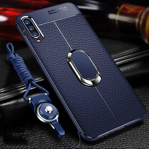 Soft Silicone Gel Leather Snap On Case Cover with Magnetic Finger Ring Stand T02 for Xiaomi Mi A3 Blue