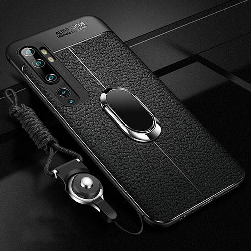 Soft Silicone Gel Leather Snap On Case Cover with Magnetic Finger Ring Stand T02 for Xiaomi Mi Note 10 Pro Black