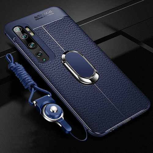 Soft Silicone Gel Leather Snap On Case Cover with Magnetic Finger Ring Stand T02 for Xiaomi Mi Note 10 Pro Blue