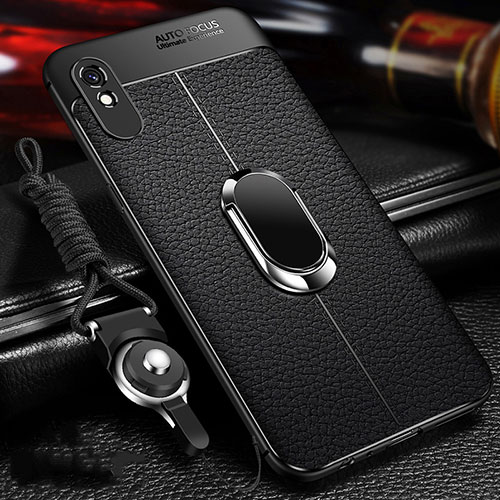 Soft Silicone Gel Leather Snap On Case Cover with Magnetic Finger Ring Stand T02 for Xiaomi Redmi 9i Black