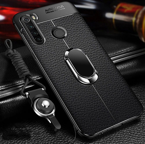 Soft Silicone Gel Leather Snap On Case Cover with Magnetic Finger Ring Stand T02 for Xiaomi Redmi Note 8T Black