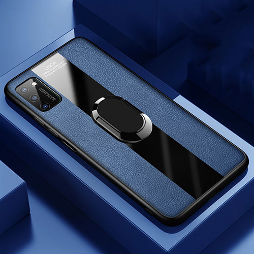 Soft Silicone Gel Leather Snap On Case Cover with Magnetic Finger Ring Stand T03 for Huawei Honor View 30 Pro 5G Blue