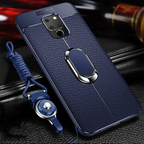 Soft Silicone Gel Leather Snap On Case Cover with Magnetic Finger Ring Stand T03 for Huawei Mate 20 X 5G Blue