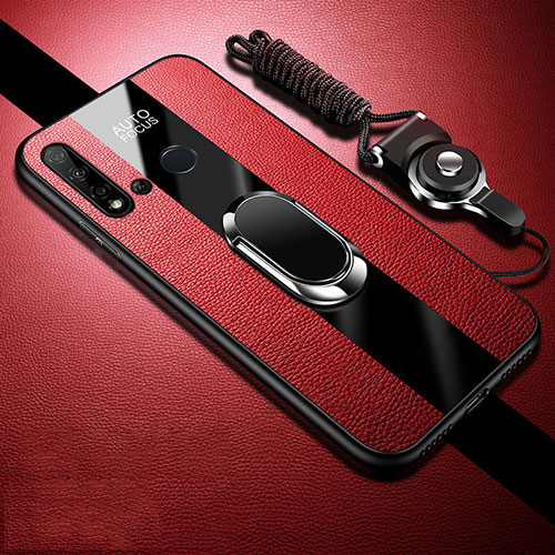 Soft Silicone Gel Leather Snap On Case Cover with Magnetic Finger Ring Stand T03 for Huawei P20 Lite (2019) Red