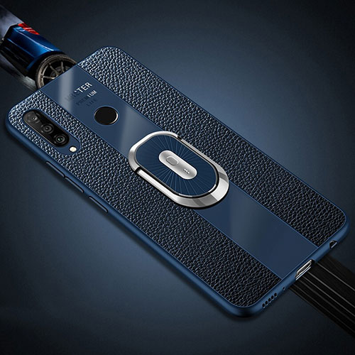 Soft Silicone Gel Leather Snap On Case Cover with Magnetic Finger Ring Stand T03 for Huawei P30 Lite New Edition Blue