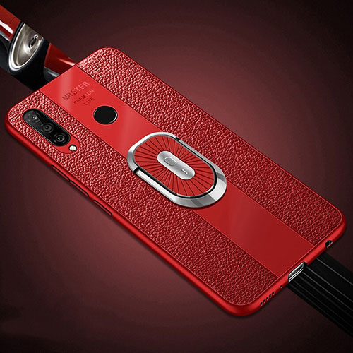 Soft Silicone Gel Leather Snap On Case Cover with Magnetic Finger Ring Stand T03 for Huawei P30 Lite New Edition Red