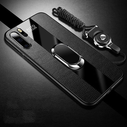 Soft Silicone Gel Leather Snap On Case Cover with Magnetic Finger Ring Stand T03 for Huawei P30 Pro New Edition Black