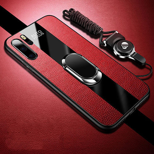 Soft Silicone Gel Leather Snap On Case Cover with Magnetic Finger Ring Stand T03 for Huawei P30 Pro New Edition Red