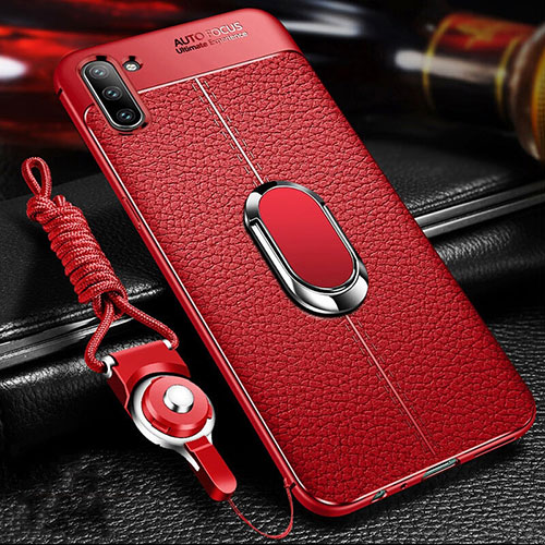 Soft Silicone Gel Leather Snap On Case Cover with Magnetic Finger Ring Stand T03 for Samsung Galaxy Note 10 5G Red