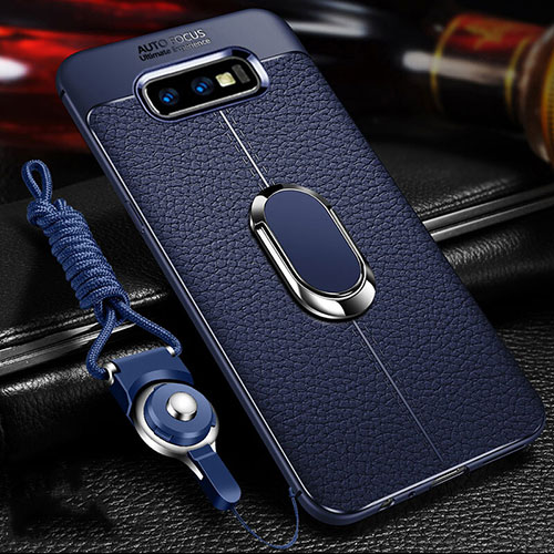 Soft Silicone Gel Leather Snap On Case Cover with Magnetic Finger Ring Stand T03 for Samsung Galaxy S10e Blue