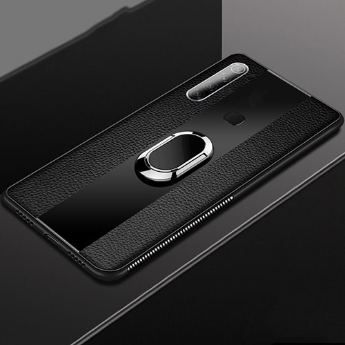 Soft Silicone Gel Leather Snap On Case Cover with Magnetic Finger Ring Stand T03 for Xiaomi Redmi Note 8 Black