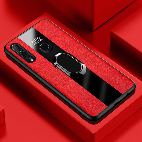 Soft Silicone Gel Leather Snap On Case Cover with Magnetic Finger Ring Stand T04 for Huawei Honor 20E Red