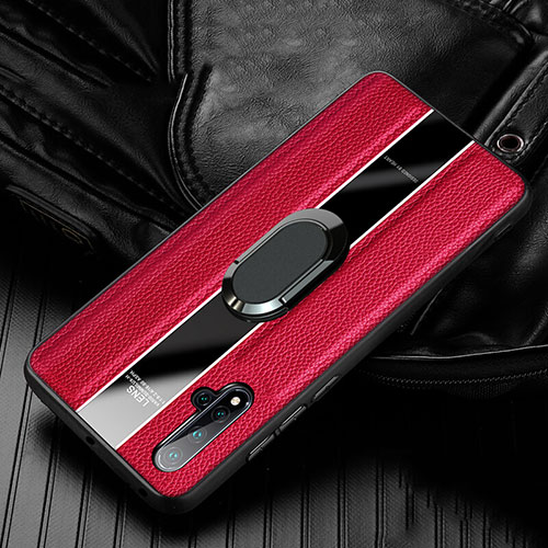 Soft Silicone Gel Leather Snap On Case Cover with Magnetic Finger Ring Stand T04 for Huawei Nova 5 Pro Red