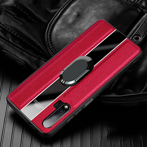 Soft Silicone Gel Leather Snap On Case Cover with Magnetic Finger Ring Stand T04 for Huawei Nova 6 Red