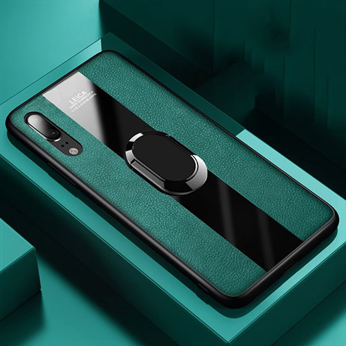 Soft Silicone Gel Leather Snap On Case Cover with Magnetic Finger Ring Stand T04 for Huawei P20 Green