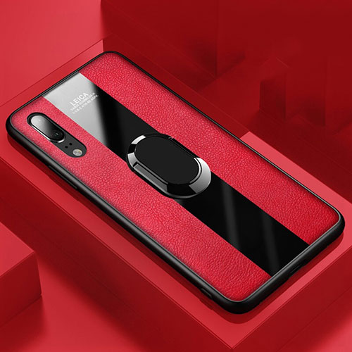 Soft Silicone Gel Leather Snap On Case Cover with Magnetic Finger Ring Stand T04 for Huawei P20 Red