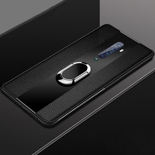 Soft Silicone Gel Leather Snap On Case Cover with Magnetic Finger Ring Stand T04 for Oppo Reno2 Black