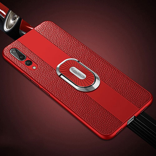 Soft Silicone Gel Leather Snap On Case Cover with Magnetic Finger Ring Stand T05 for Huawei P20 Pro Red