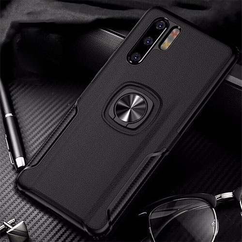 Soft Silicone Gel Leather Snap On Case Cover with Magnetic Finger Ring Stand T05 for Huawei P30 Pro Black