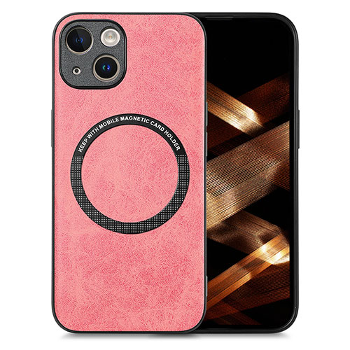 Soft Silicone Gel Leather Snap On Case Cover with Magnetic S02D for Apple iPhone 15 Plus Pink