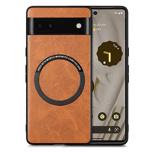Soft Silicone Gel Leather Snap On Case Cover with Magnetic S02D for Google Pixel 6a 5G Brown