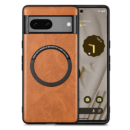 Soft Silicone Gel Leather Snap On Case Cover with Magnetic S02D for Google Pixel 7 5G Brown