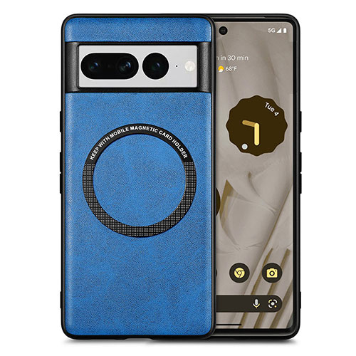 Soft Silicone Gel Leather Snap On Case Cover with Magnetic S02D for Google Pixel 7 Pro 5G Blue