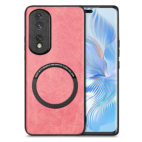 Soft Silicone Gel Leather Snap On Case Cover with Magnetic S02D for Huawei Honor 80 Pro 5G Pink