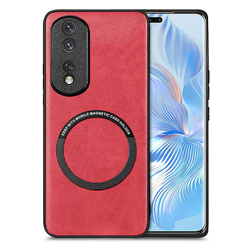 Soft Silicone Gel Leather Snap On Case Cover with Magnetic S02D for Huawei Honor 80 Pro 5G Red