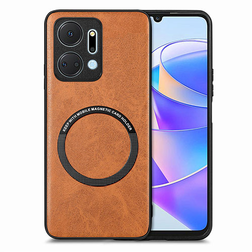 Soft Silicone Gel Leather Snap On Case Cover with Magnetic S02D for Huawei Honor X7a Brown