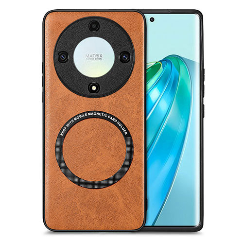 Soft Silicone Gel Leather Snap On Case Cover with Magnetic S02D for Huawei Honor X9a 5G Brown