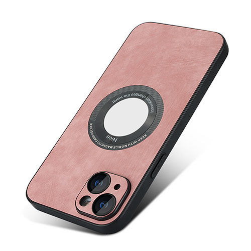 Soft Silicone Gel Leather Snap On Case Cover with Magnetic S07D for Apple iPhone 15 Rose Gold