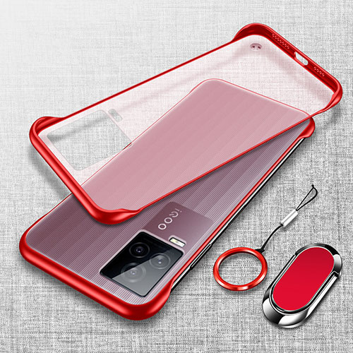 Transparent Crystal Frameless Hard Case Back Cover with Magnetic Finger Ring Stand for Vivo iQOO 7 5G Red