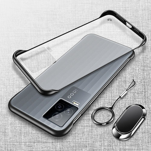 Transparent Crystal Frameless Hard Case Back Cover with Magnetic Finger Ring Stand for Vivo iQOO 7 Legend 5G Black