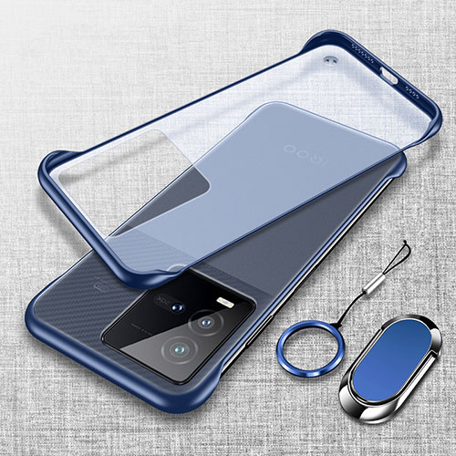 Transparent Crystal Frameless Hard Case Back Cover with Magnetic Finger Ring Stand for Vivo iQOO 9T 5G Blue