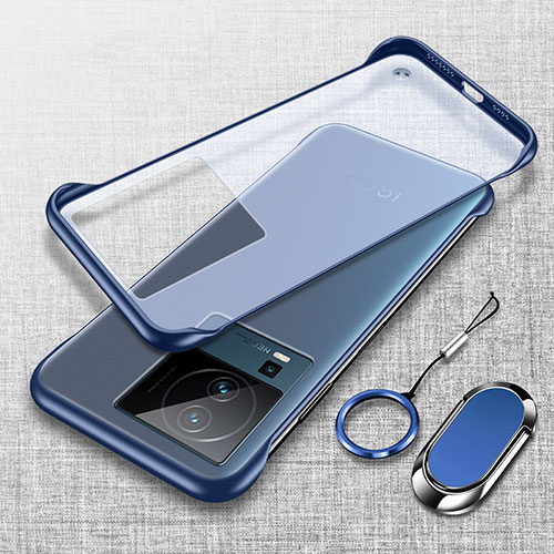 Transparent Crystal Frameless Hard Case Back Cover with Magnetic Finger Ring Stand for Vivo iQOO Neo7 SE Blue