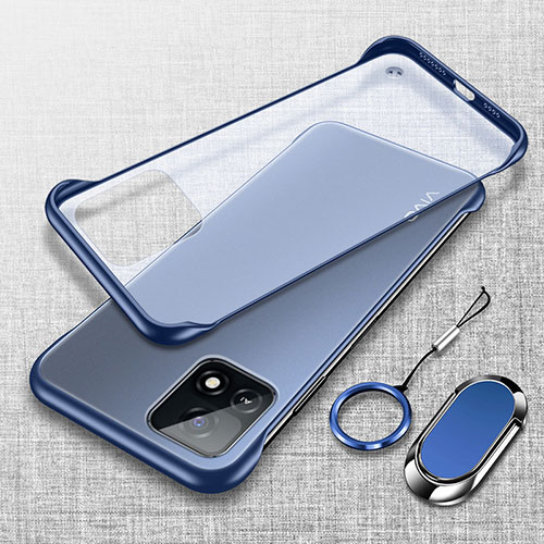Transparent Crystal Frameless Hard Case Back Cover with Magnetic Finger Ring Stand for Vivo iQOO U3 5G Blue