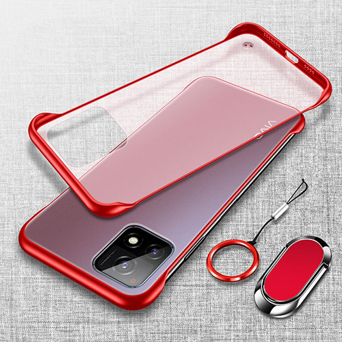 Transparent Crystal Frameless Hard Case Back Cover with Magnetic Finger Ring Stand for Vivo iQOO U3 5G Red