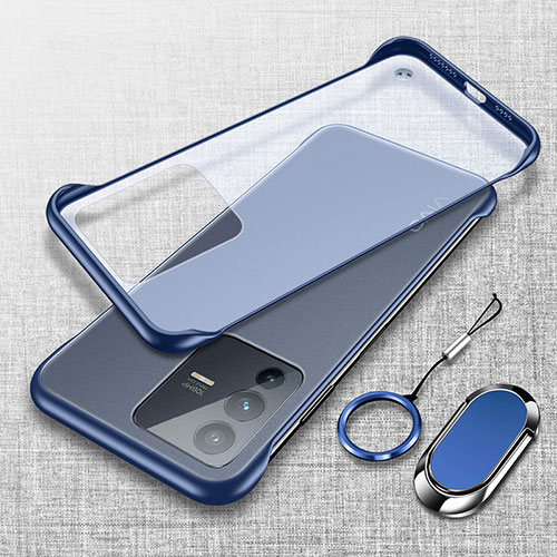 Transparent Crystal Frameless Hard Case Back Cover with Magnetic Finger Ring Stand for Vivo V23 5G Blue