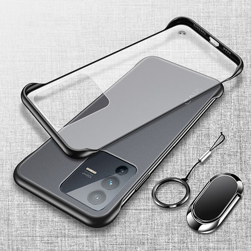 Transparent Crystal Frameless Hard Case Back Cover with Magnetic Finger Ring Stand for Vivo V23 Pro 5G Black